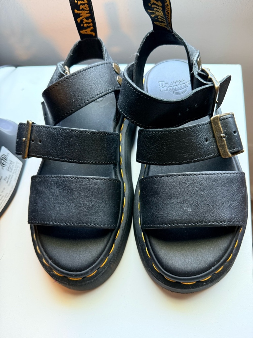Dr. Martens Black Leather Sandals with Yellow Stitching